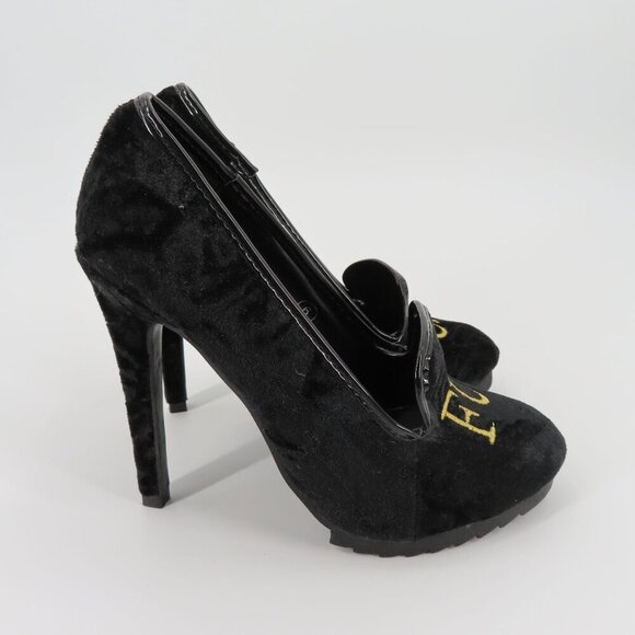 YRU Women 6 F Word Cuss Curse Black Velvet Gold Embroidered High Heels Shoes - Picture 6 of 10